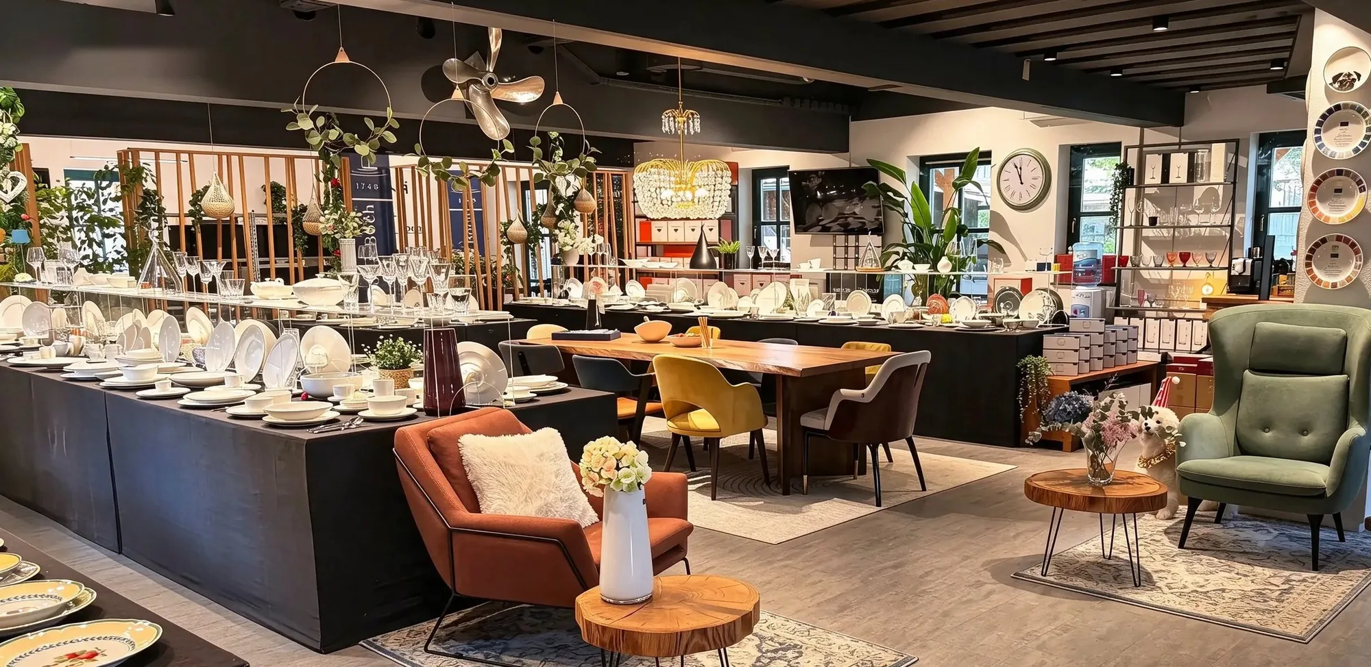 Salon Arona v Trzinu z razstavljenim porcelanom in pogrnjenimi mizami